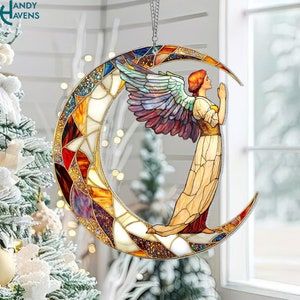 Christmas Angel Acrylic Suncatcher,Whimsical Angel With Crescent Moon Suncatcher,Perfect for Holiday Decor,Acrylic Window Hanging & Wall Art