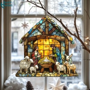 Nativity Scene Suncatcher, Faux Stained Acrylic Christian Window Hanging, Nativity Jesus Christ Decoration,Religious Christmas Home Decor