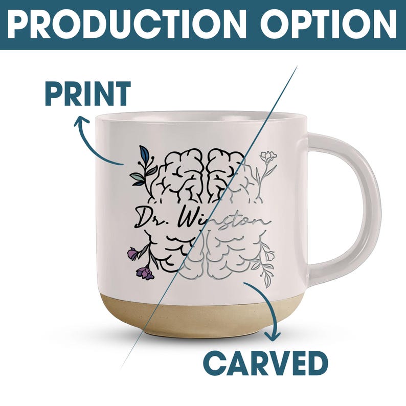 May include: White ceramic mug with a beige base, featuring a brain illustration and the name "Dr. Winston." The mug has a handle and is decorated with floral accents. The text "PRODUCTION OPTION" is at the top, with "PRINT" and "CARVED" labels.