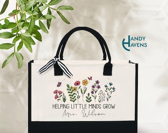 Personalized Teacher Tote Bag, Teacher Appreciation Gift Tote Bag, Helping Little Minds Grow, Teacher Gift, Floral Bag, Custom Teacher Name