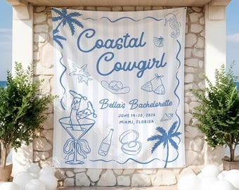 May include: A rectangular fabric banner with a light blue and white vertical striped pattern. The banner features blue line art illustrations of palm trees, a cowboy hat, a bikini top, a martini glass with boots, and text: Coastal Cowgirl, Bella's Bachelorette, JUNE 19-20, 2026, MIAMI, FLORIDA.