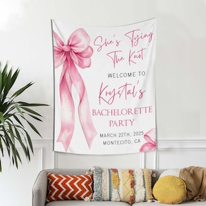 She’s Tying The Knot Bachelorette Welcome Tapestry, Pink Ribbon Bridal Shower Welcome Banner,She’s Tying The Knot Bridal Backdrop Decoration