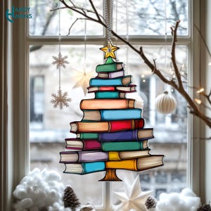 Christmas Book Tree Suncatcher Ornament, Christmas Tree Bookish Gifts, Christmas Ornaments, Book Club Gift, Book Lover Gift, Exchange Gift