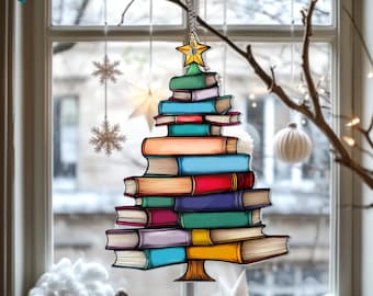 Christmas Book Tree Suncatcher Ornament, Christmas Tree Bookish Gifts, Christmas Ornaments, Book Club Gift, Book Lover Gift, Exchange Gift
