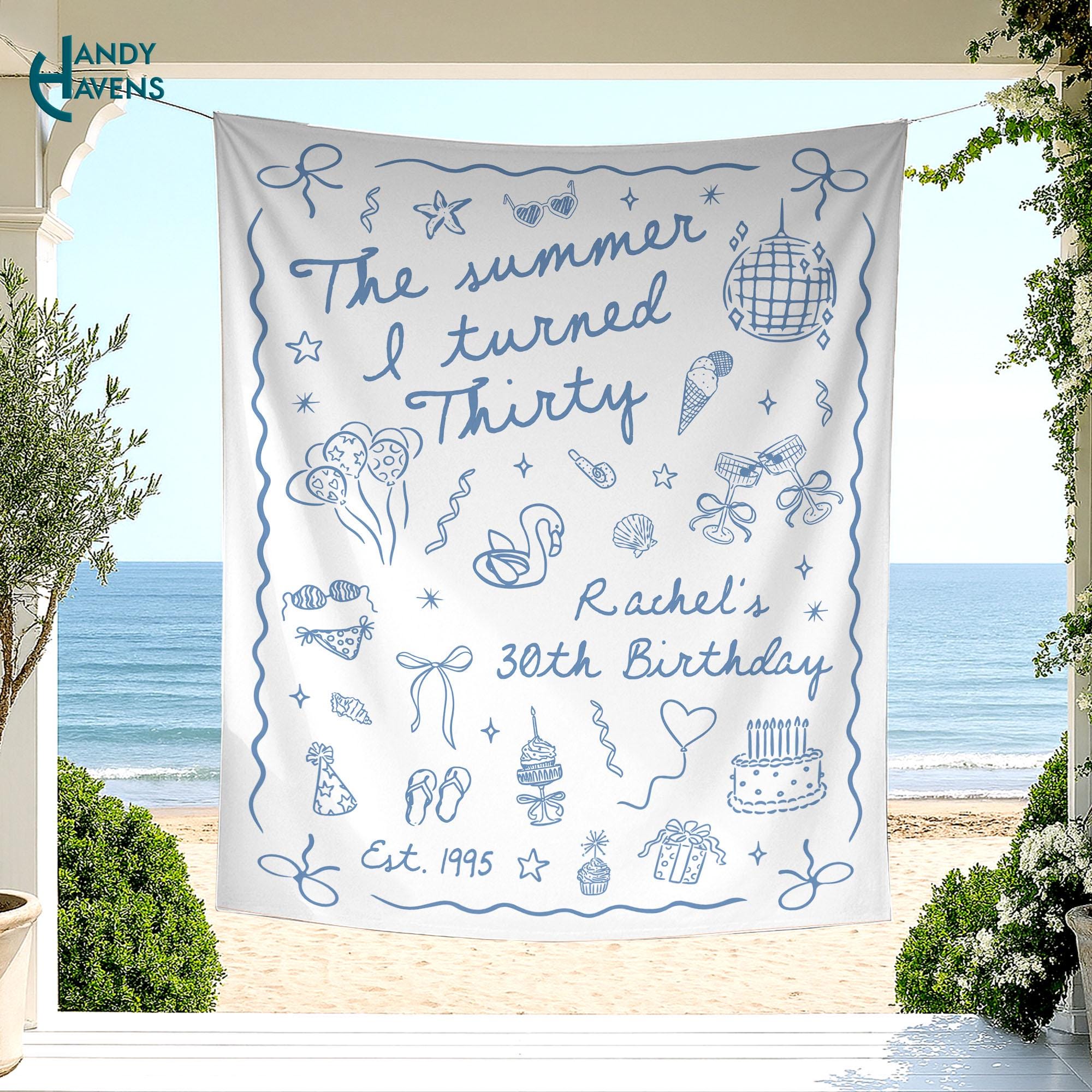 The Summer I Turned Birthday Party Banner Decor, Any Age Custom Birthday Tapestry,Custom 30th Birthday Party Decor,Coastal Birthday Backdrop