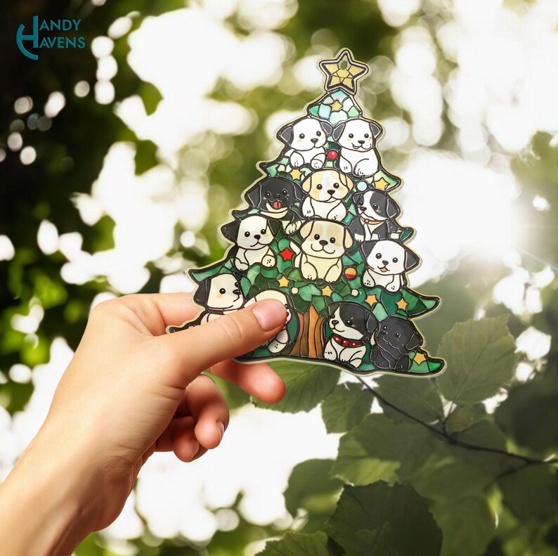 Dog Christmas Tree Suncatcher, Christmas Tree Made of Dogs Stained ...