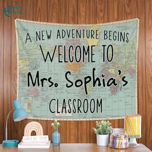 Personalized Teacher Classroom Banner Decor, World Map Adventure Themed Classroom Sign, Back to School Gift, Gifts for Teacher, Welcome Sign