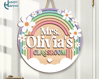 Custom Teacher Doorsign 3D Laser Cut, Back To School Teacher Gift, Teacher Appreciation, Teacher Door Hanger, Daisy Rainbow Classroom Decor