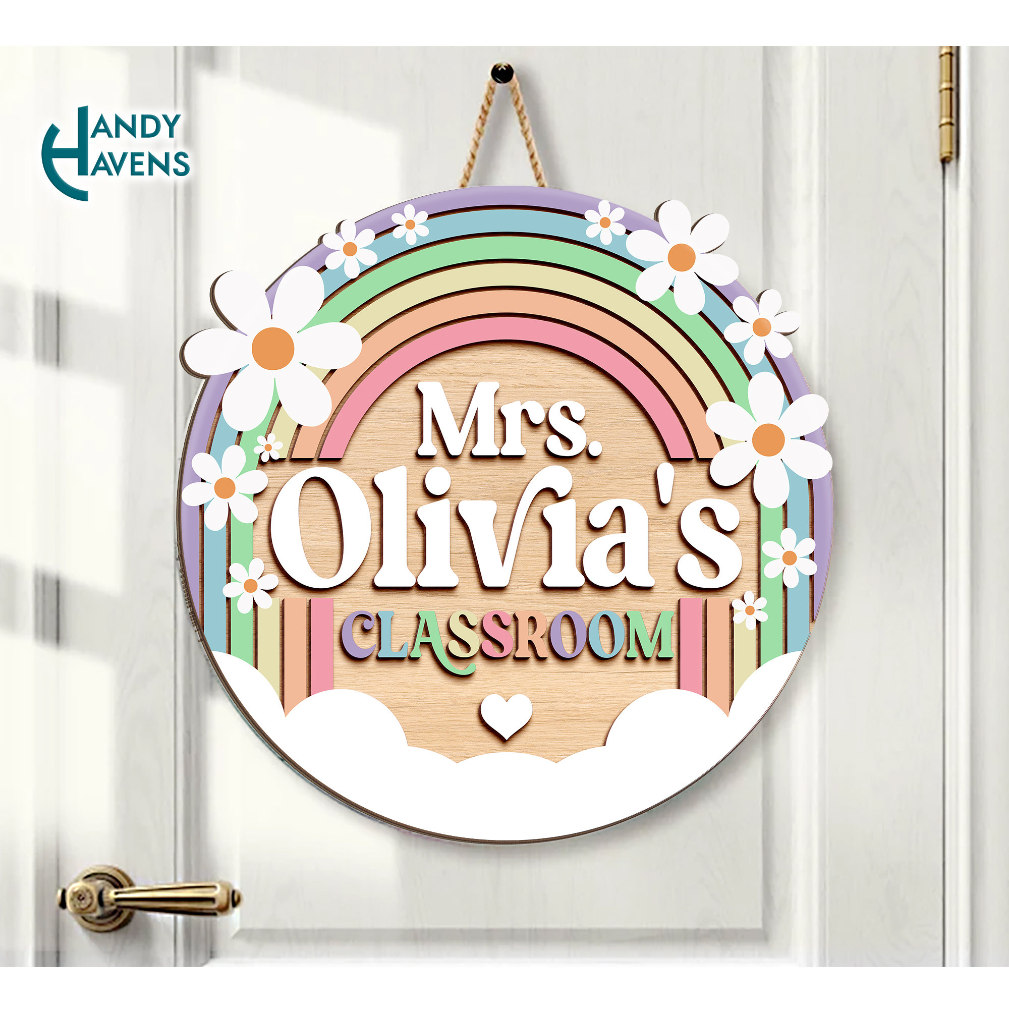 Custom Teacher Doorsign 3D Laser Cut, Back To School Teacher Gift, Teacher Appreciation, Teacher Door Hanger, Daisy Rainbow Classroom Decor