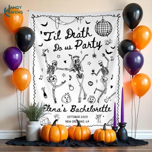 Personalized Bachelorette Party Banner, Till Death Do Us Party Bachelorette Backdrop, Skeleton Bridal Party Goth Bride Decor, Halloween Bach