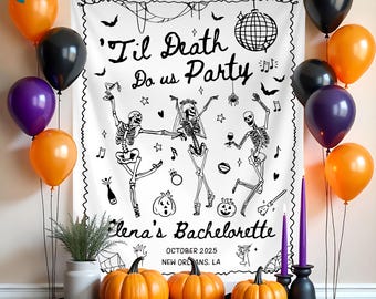 Personalized Bachelorette Party Banner, Till Death Do Us Party Bachelorette Backdrop, Skeleton Bridal Party Goth Bride Decor, Halloween Bach