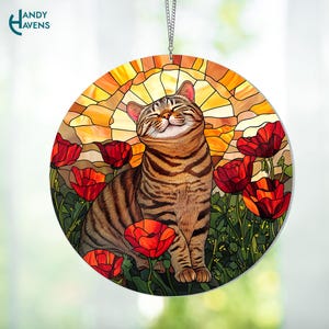 Tabby Cat ACRYLIC Suncatcher, Poppies and Cat Suncatcher, Tabby Cat Hanging Window, Cat Lover Gift,Flowers Field Suncatcher,Mothers Day Gift