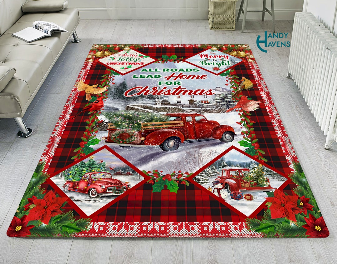 All Roads Lead Home for Christmas Rug, Red Truck Christmas Area Rug