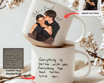 Personalized Couple Photo Pottert Mug, Custom Watercolor Photo Coffee Mug with Custom Your Handwriting, Idea Gift for Her, Him, Mom and Dad