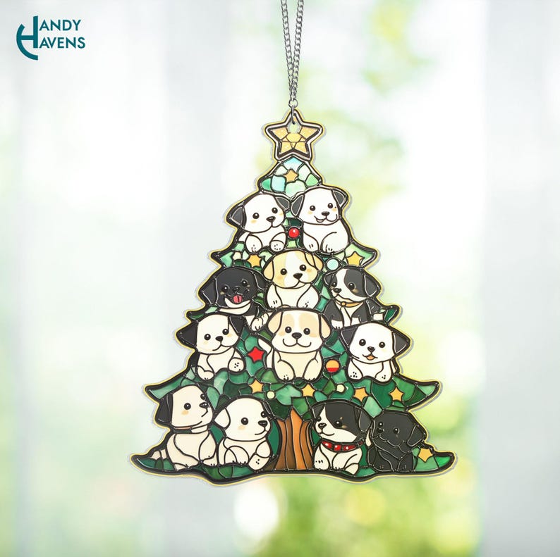 Dog Christmas Tree Suncatcher, Christmas Tree Made of Dogs Stained ...