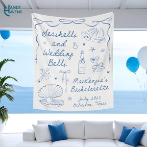 Custom Bachelorette Party Decor, Personalized Beach Bachelorette Tapestry, Seashells And Wedding Bells Backdrop, Bridal Shower Party Banner
