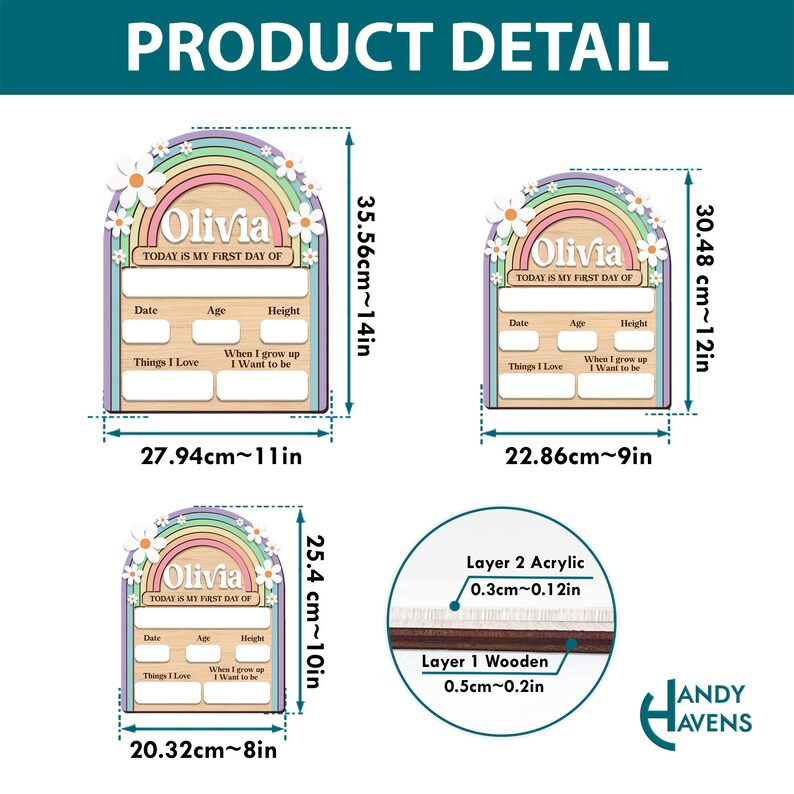 May include: A wooden growth chart with a rainbow and flowers design. The chart has spaces to fill in the child's name, date, age, height, things they love, and what they want to be when they grow up. The chart measures 11 inches by 14 inches.