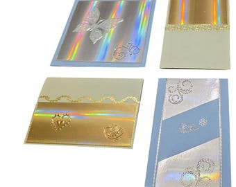 Elegante juego de tarjetas de felicitación para bodas, hechas a mano, con láminas doradas y plateadas, tarjetas firmadas.