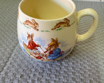 Vintage Royal Doulton Bunnykins Mug: Twin Handled Cup, Wheelbarrow
