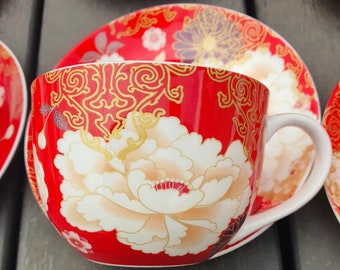 Tasse et soucoupe rouge motif kimono Maxwell Williams, coffret cadeau pour le goûter, motif floral, cadeau de mariage, cuisine à la campagne, expresso