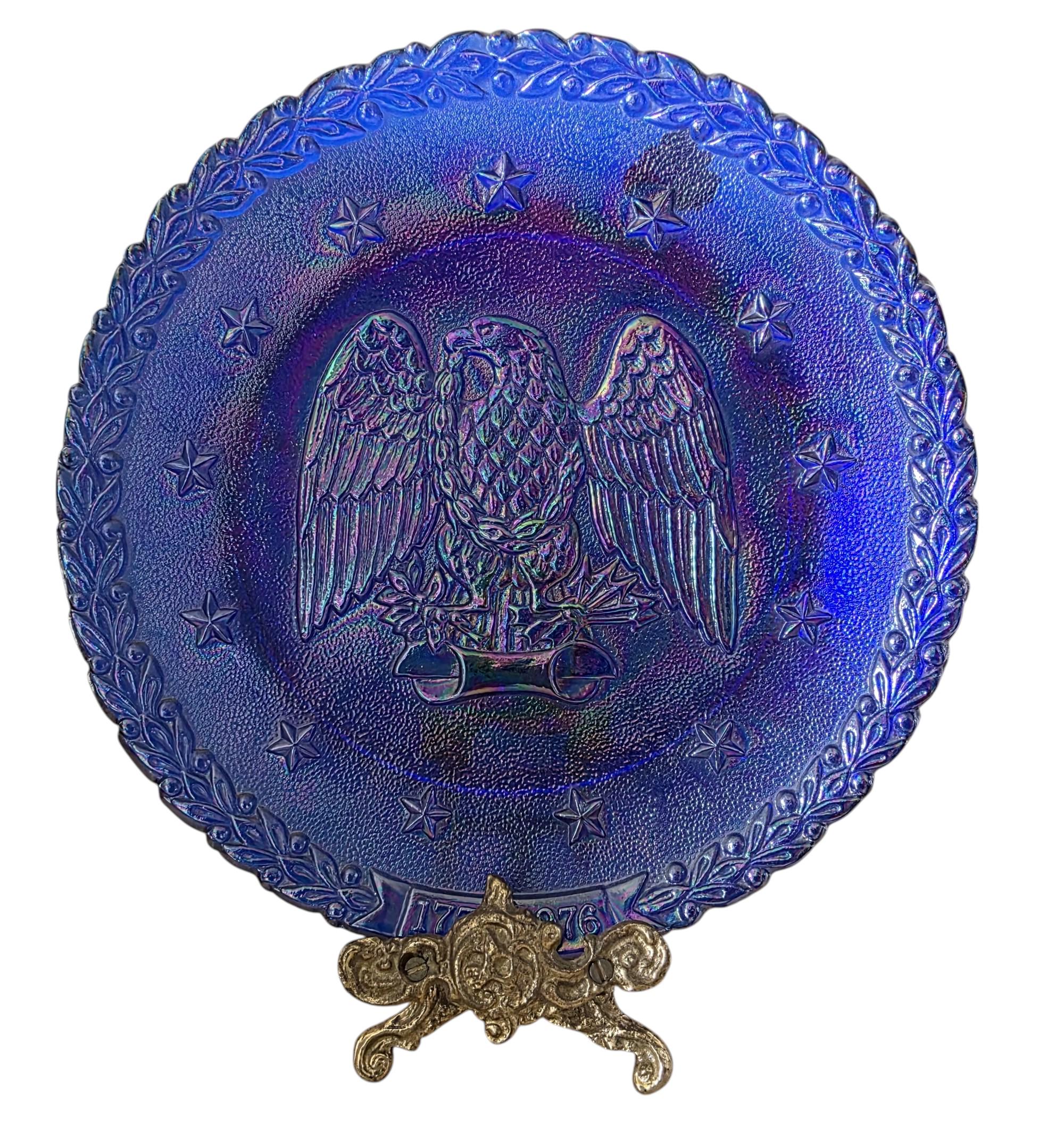 Fenton Blue Carnival Glass Plate 1776-1976 Eagle Bicentennial USA Vintage 21cm