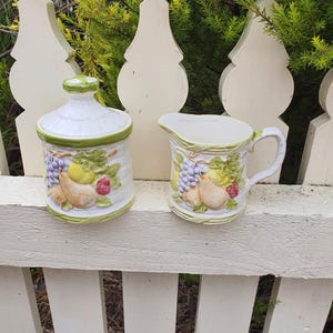 Vintage White Sugar Bowl & Creamer Set – Made in Japan | Raised Pastel Floral Fruit Motif with Lime Green Edging