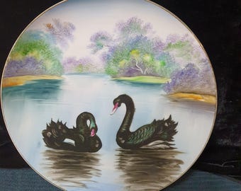 Vintage handbemalte Black Swan Platte, 10,2-Zoll-dekorative Porzellan