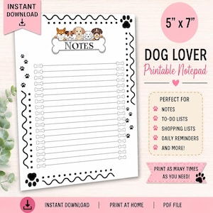 Pode incluir: Um bloco de notas imprimível de 12,7 cm x 17,8 cm com fundo branco, bordas pretas onduladas e pegadas. O topo exibe um gráfico de osso com a palavra NOTES e cinco cães ilustrados. O centro contém linhas horizontais com pontos em forma de osso.