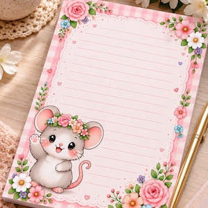 May include: A rectangular notepad featuring a light pink and white checkered border with a scalloped white inner frame. The design includes colorful floral accents in the corners and a cartoon mouse wearing a flower crown on the bottom left.