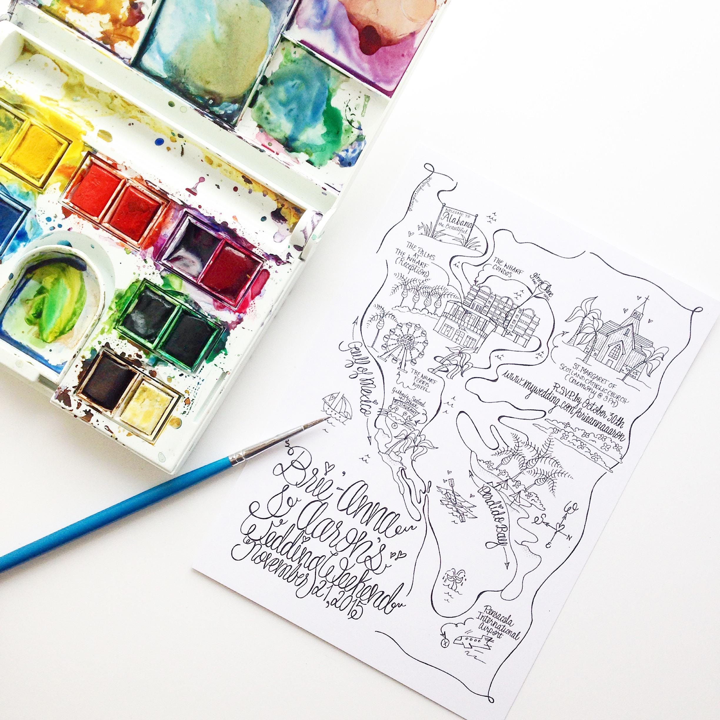 Custom Watercolor Wedding Map Personalized Hand Drawn Wedding Map ...