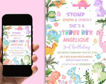 Three Rex Birthday Invitation Girl - Pastel Dinosaur Party (Digital Download)