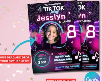 Zaproszenia urodzinowe TikTok ze zdjęciem, cyfrowe, do druku, do natychmiastowego pobrania już teraz!