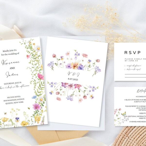 Boho Floral Wedding Invitation Set,Digital, Printable, Instant Download