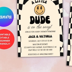 Uitnodiging babyshower met glimlach: Little Dude retro geruit ontwerp, digitaal, afdrukbaar