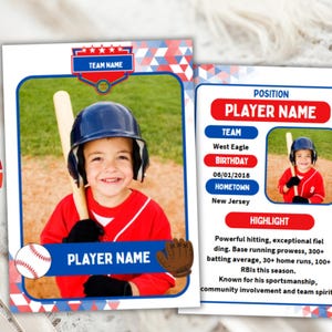 Modello per carte collezionabili di baseball per bambini, carta giocatore personalizzabile, carta sportiva fai da te, regali stampabili per la squadra scolastica, modello Canva