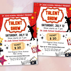 May include: A red and white printable flyer for a talent show at St. Jude School. The flyer features a red curtain, a star, a microphone, a film camera, and a popcorn bucket. The text on the flyer reads "St. Jude School Proudly Presents Talent Show Saturday, July 12 Show starts at 7 pm St. Jude School Auditorium Ticket $20 123 Magical Show Avenue New Jersey Sign up at www.newstarisborn.com For more info Please call Betty at 98-00-88-00".