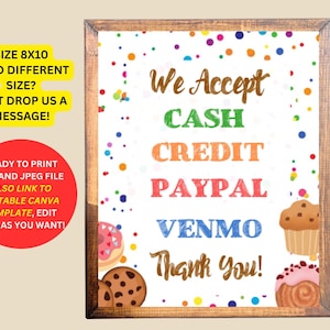 Wij accepteren contante tegoeden Venmo en PayPal, betaalbord voor koekjeshokje, klaar om af te drukken en bewerkbaar afdrukbaar: nu direct downloaden!