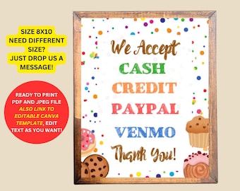 Cookie Booth Payment Sign, Cash Credit Venmo PayPal (Printable Editable Template)