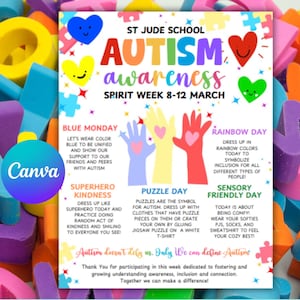 Autism Awareness Spirit Week Itinerary: Editable Canva Template (Digital Printable)