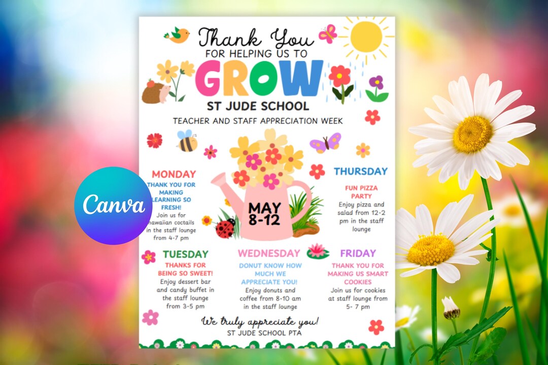 Floral Teacher Staff Appreciation, Flower Spring Summer Itinerary,thank ...