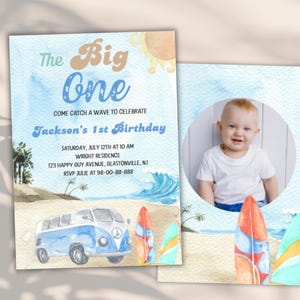 Invitación editable para el primer cumpleaños de The Big One Surf, estilo retro, para fiesta en la playa, estilo surfista, estilo bohemio, imprimible digitalmente.