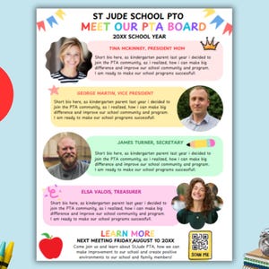 Peut inclure: Flyer coloré pour le PTO de l'école St. Jude, avec le texte "Meet Our PTA Board". Il comprend des photos et les noms des membres du conseil d'administration : Tina McKinney, George Martin, James Turner et Elsa Valois. Le flyer a également une pomme et un code QR.