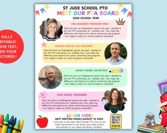 May include: A colorful flyer for St. Jude School PTO, featuring the text "Meet Our PTA Board." It includes photos and names of board members: Tina McKinney, George Martin, James Turner, and Elsa Valois. The flyer also has an apple graphic and a QR code.