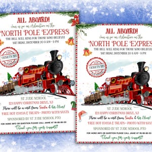 May include: Two flyers with a festive design for the North Pole Express. The flyers feature a red train with a black engine, text that reads "All Aboard!" and "Tickets $15", and holiday decorations. The event is at St. Jude School.