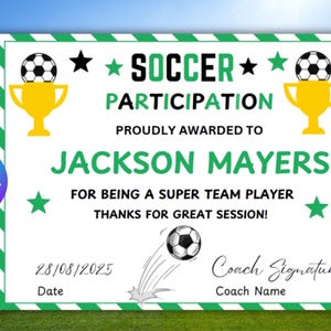 Soccer Certificate, Soccer Participation Certificate, Sports Season Certificate, Soccer Award,Canva Template- Digital Printable