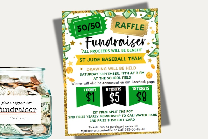 50 Point Raffle Editable 50/50 Raffle Ticket Flyer Template: Sports Fundraiser Canva ...