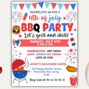 Editable 4th July BBQ Party Invitation CanvaTemplate Digital Printable