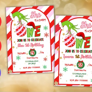 May include: Two birthday party invitations with a Grinch theme. The invitations feature a red and white striped background, Grinch's hand holding an ornament, and the text "She is a sweet ONE".