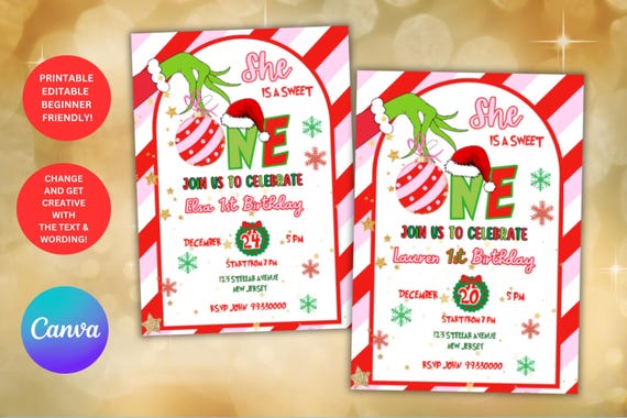 She is a Sweet One Red Pink Birthday Invitation, Christmas 1st Birthday Girl,Digital, Printable,Editable Instant Download