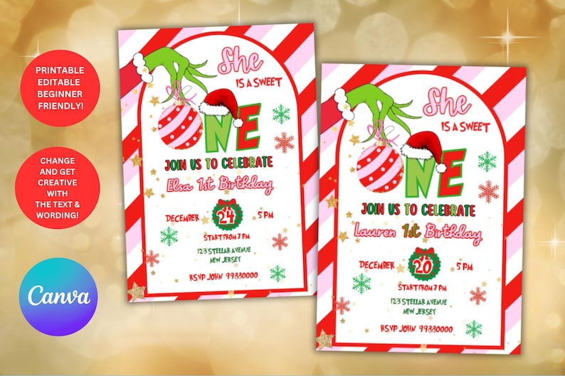 grinch first birthday invitation,she is the mean one,she is a sweet one, christmas birthday invitation